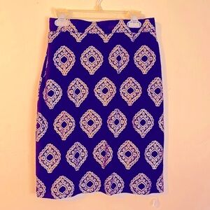 NWOT Kaari Blue foil print black & gold pencil skirt, size XS